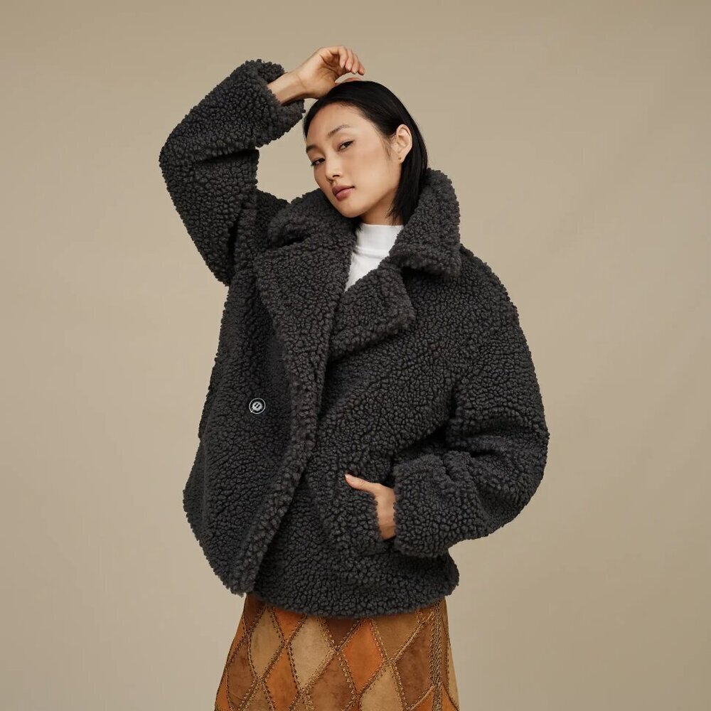 UGG Gertrude Short Teddy Sherpa Oversized Coat Charcoal Ink Women's Large XL EUC